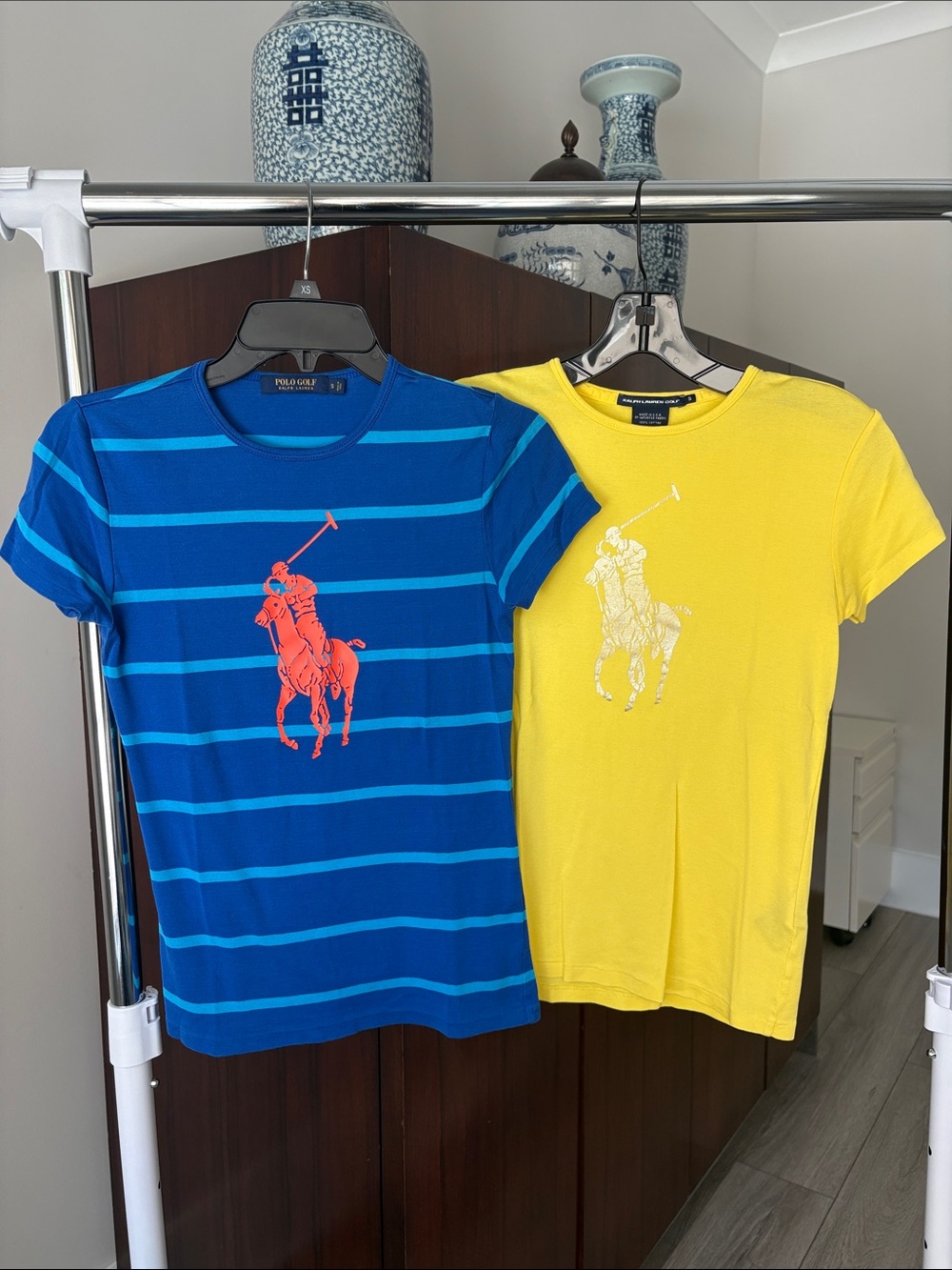 Ralph Lauren women’s Blue Striped Tee & Yellow polo Logo Tee Sz small